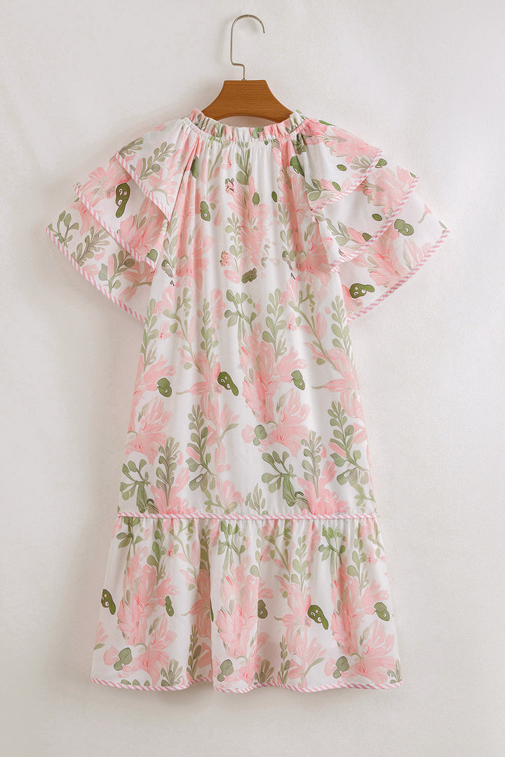 floral contrast edge layered short sleeve mini dress