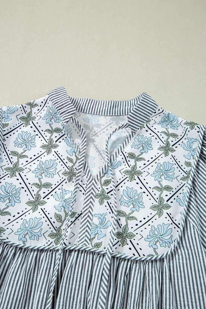 Floral Patchwork Tied V Neck Shift Long Sleeve Mini Dress