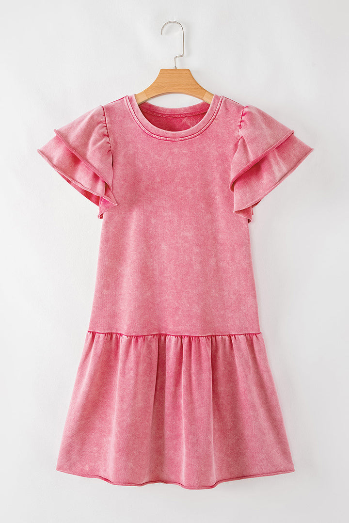 Mineral Wash Raw Edge Ruffle Mini Dress