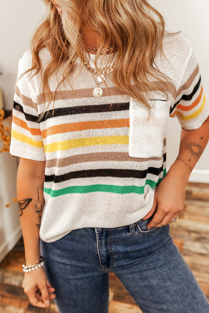Striped Pocketed Loose Fit Crewneck Knitted T Shirt