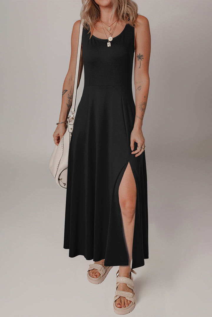 Sleeveless Scoop Neck Flared Split Midi Dress