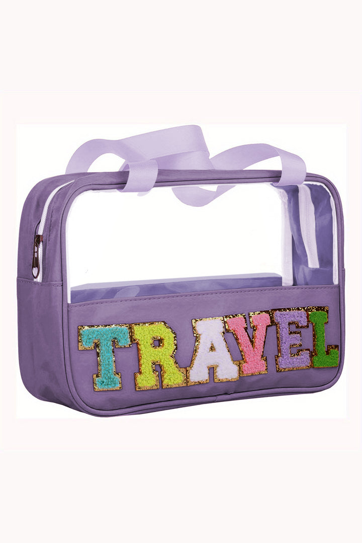 Trousse de maquillage en PVC transparent avec lettres en chenille violette