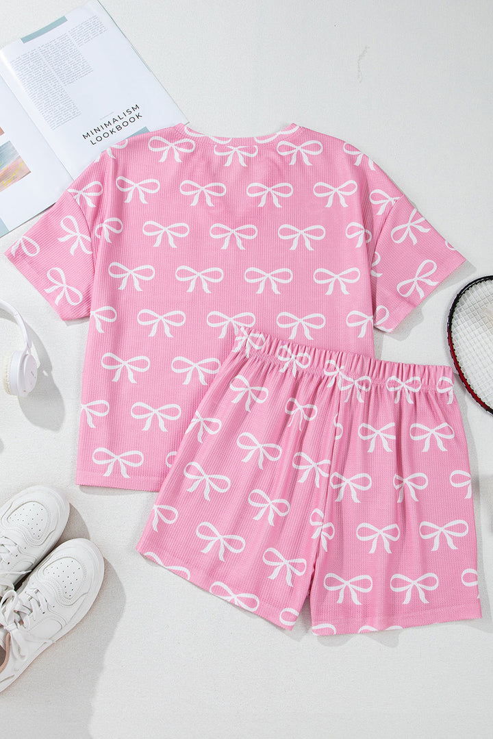 waffle knit bowknot printed v neck t shirt and shorts set
