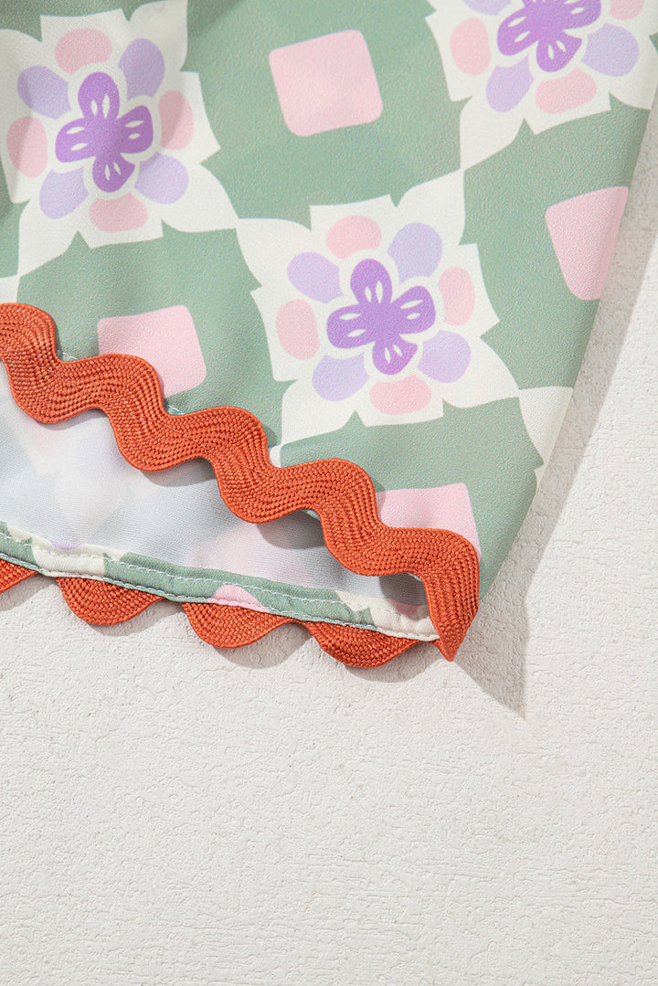 geometric floral print layered flutter sleeve v neck ric rac trim blouse