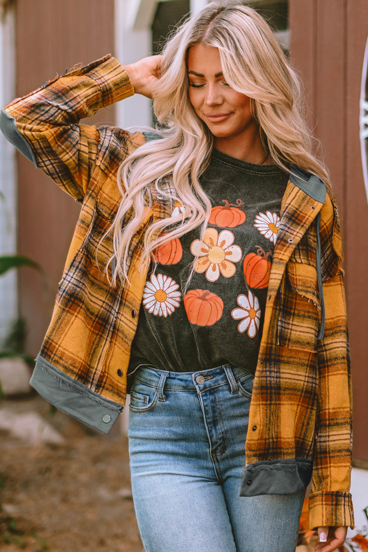 Plaid Patch Hooded Frayed Snap Button Jacket