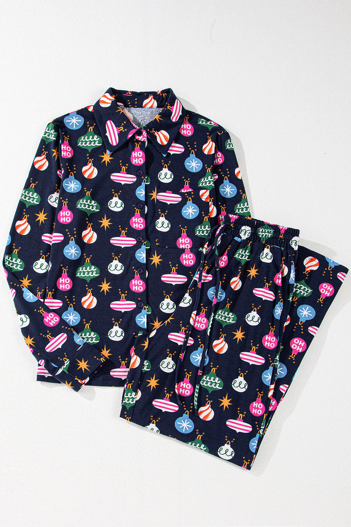 colorful christmas lights print shirt and pants pajama set
