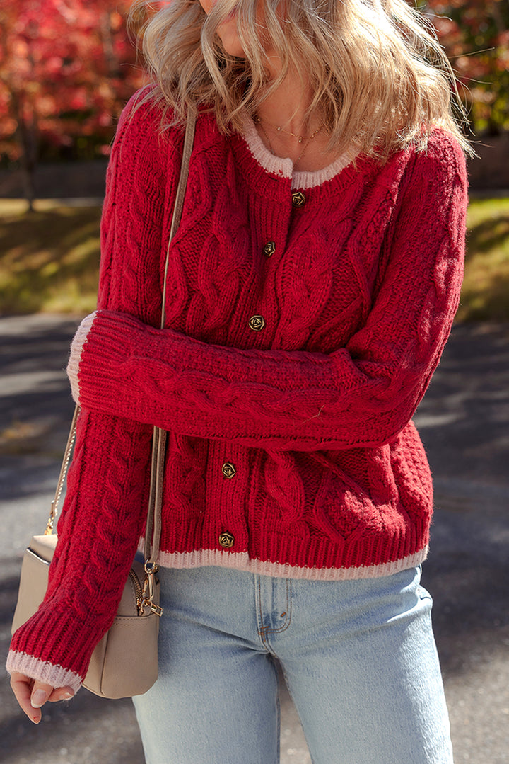 Color Contrast Edge Cable Knit Buttoned Cardigan