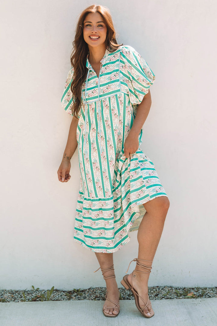 striped floral print tie split neck puff sleeve midi dress