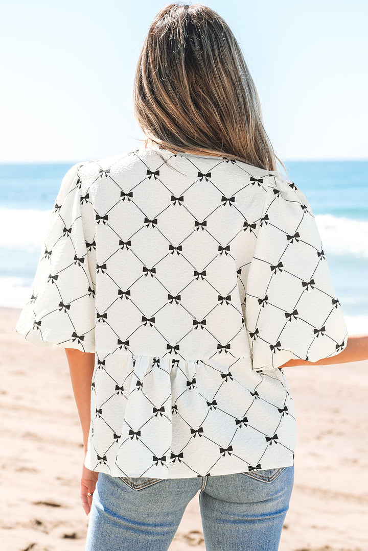 Bowknot Print Front Knots Bubble Sleeve Blouse
