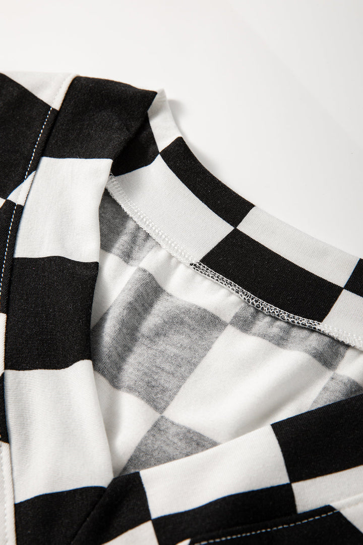 checkerboard print v neck loose tee and shorts lounge set