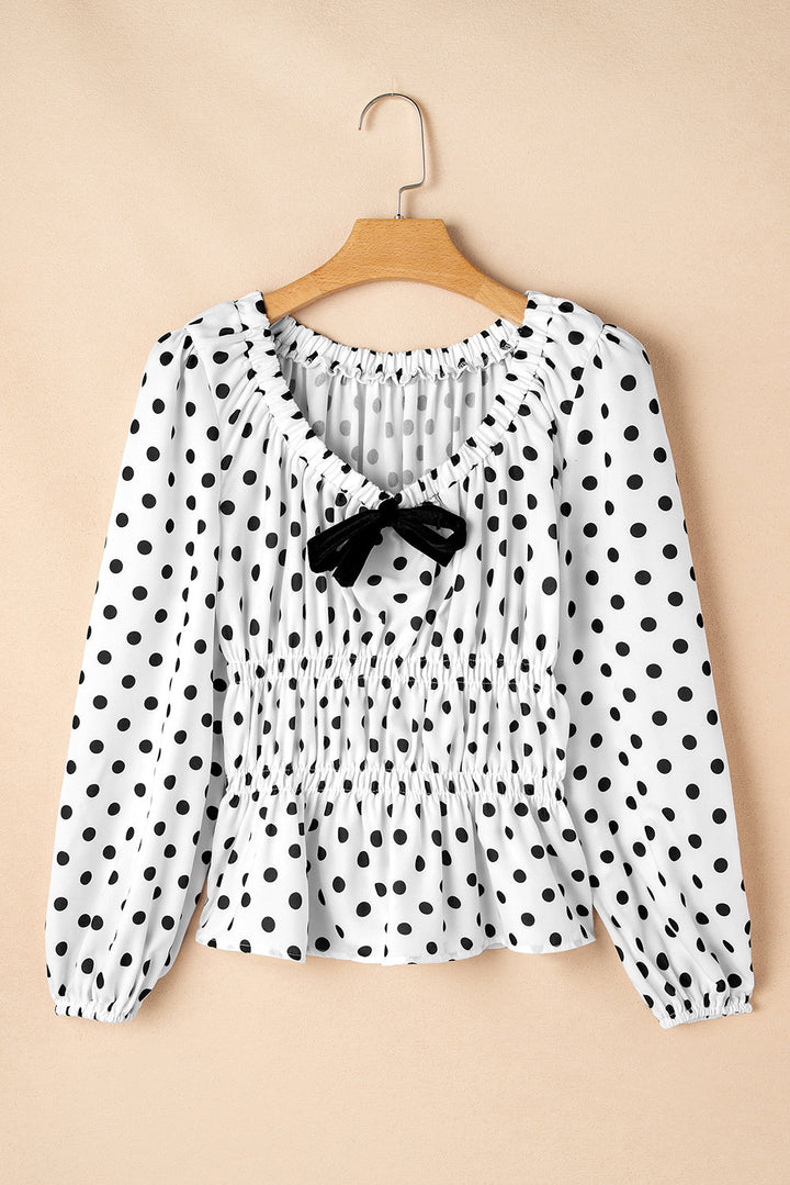Polka Dot Puff Sleeve Bow Square Neck Peplum Top