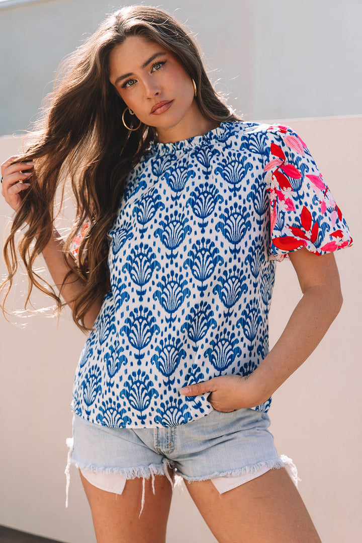 Western Fashion Print Floral Puff Sleeve Frilled Neck Blouse