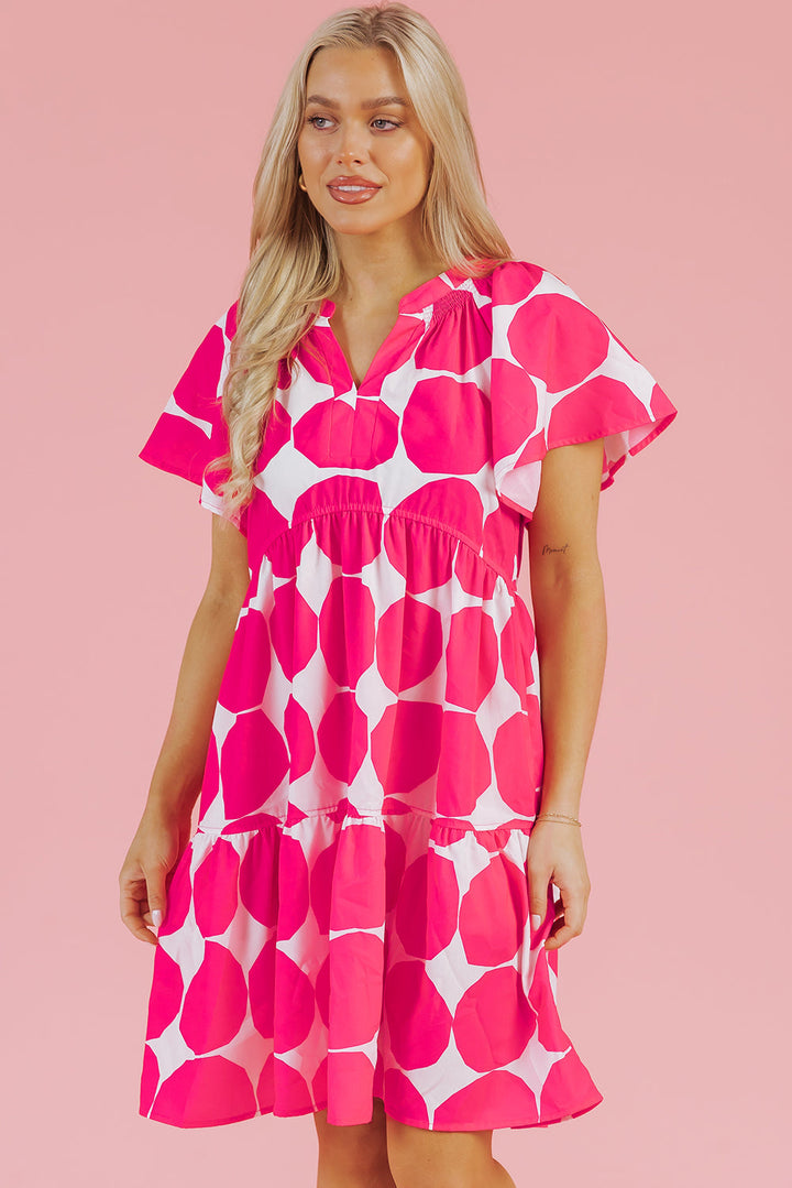 Polka Dot Flutter Sleeve Notched Neck Tiered Flowy Dress