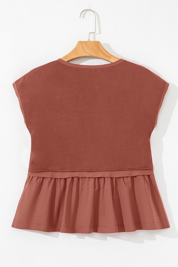 short sleeve u neck buttons splicing ruffle blouse