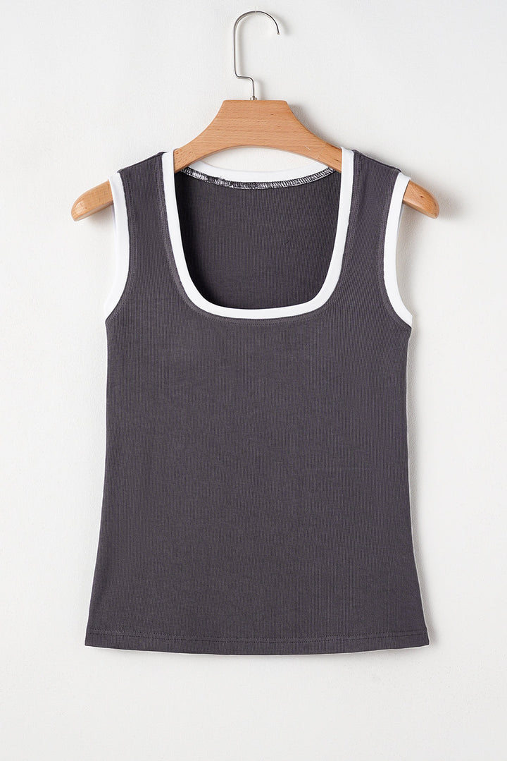 Ribbed Knit Colorblock Edge U Neck Slim Fit Tank Top
