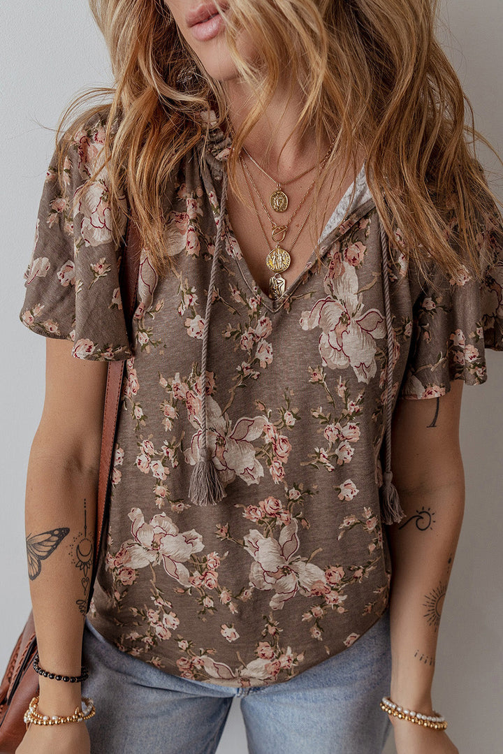 retro floral print tassel tie split neck short sleeve blouse