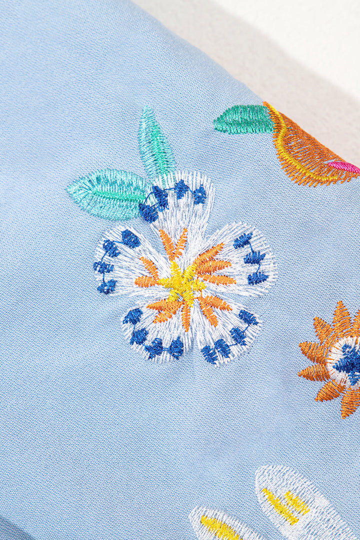 floral embroidered puff sleeve split neck blouse