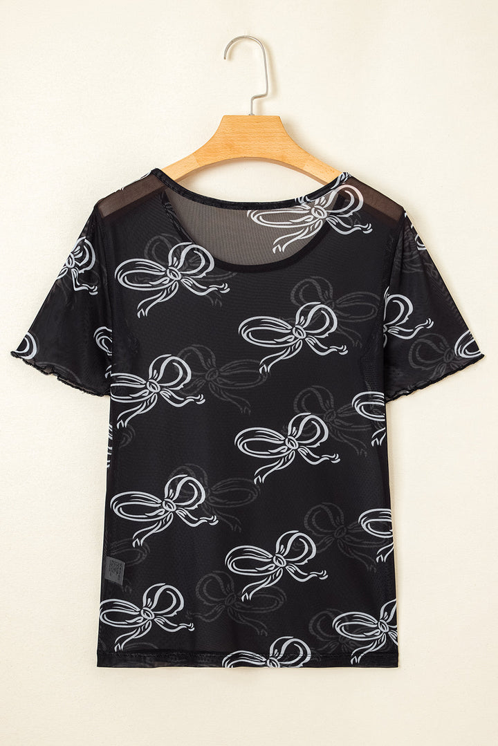 bow printed mesh short sleeve top