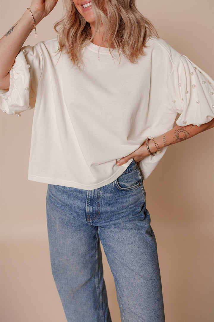 Pearled Puff Sleeve Round Neck Loose Top