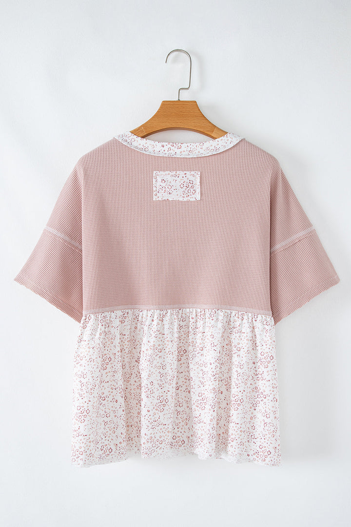 Waffle Floral Patchwork Exposed Seam Detail Short Sleeve Top