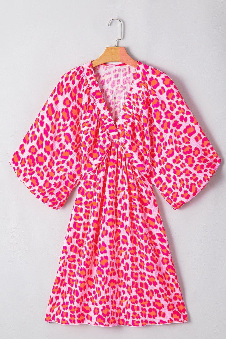 Leopard Print Elasticated V Neck 3/4 Puff Sleeve Dress
