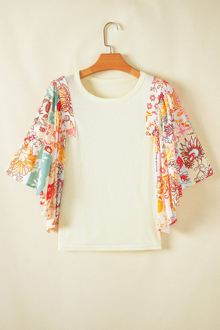 Floral Patchwork Half Batwing Sleeve Blouse