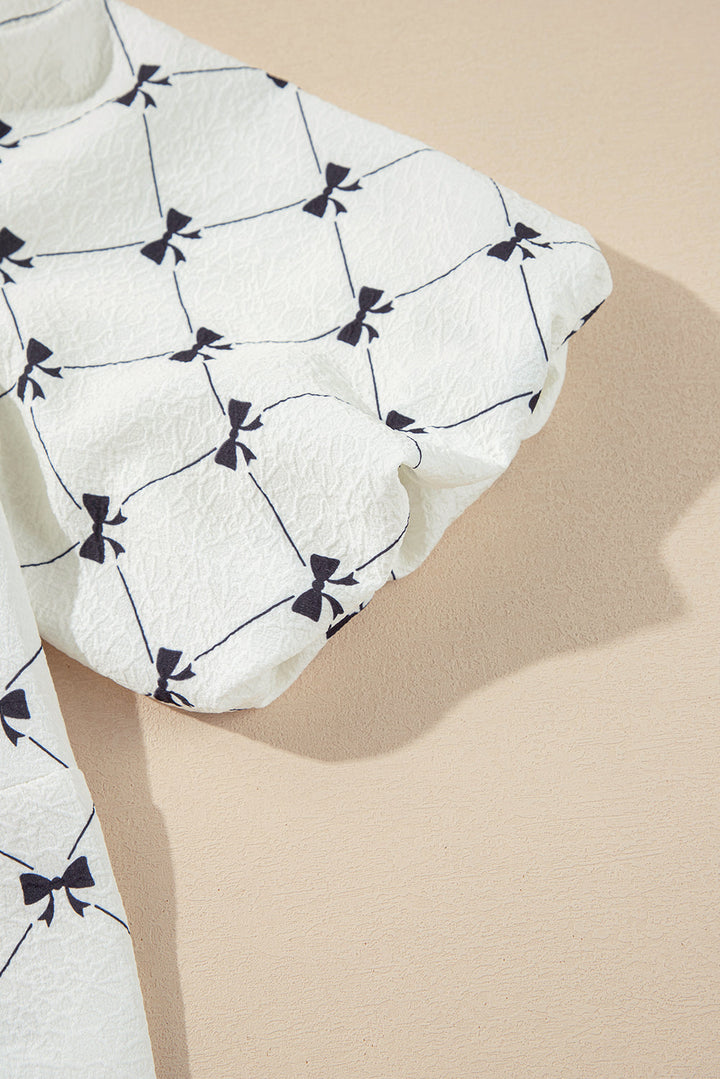 Bowknot Print Front Knots Bubble Sleeve Blouse