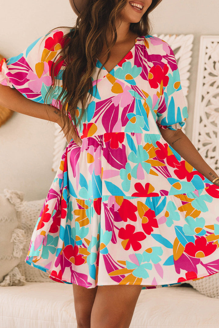 Floral Bubble Sleeve V Neck Tiered Ruffle Babydoll Dress