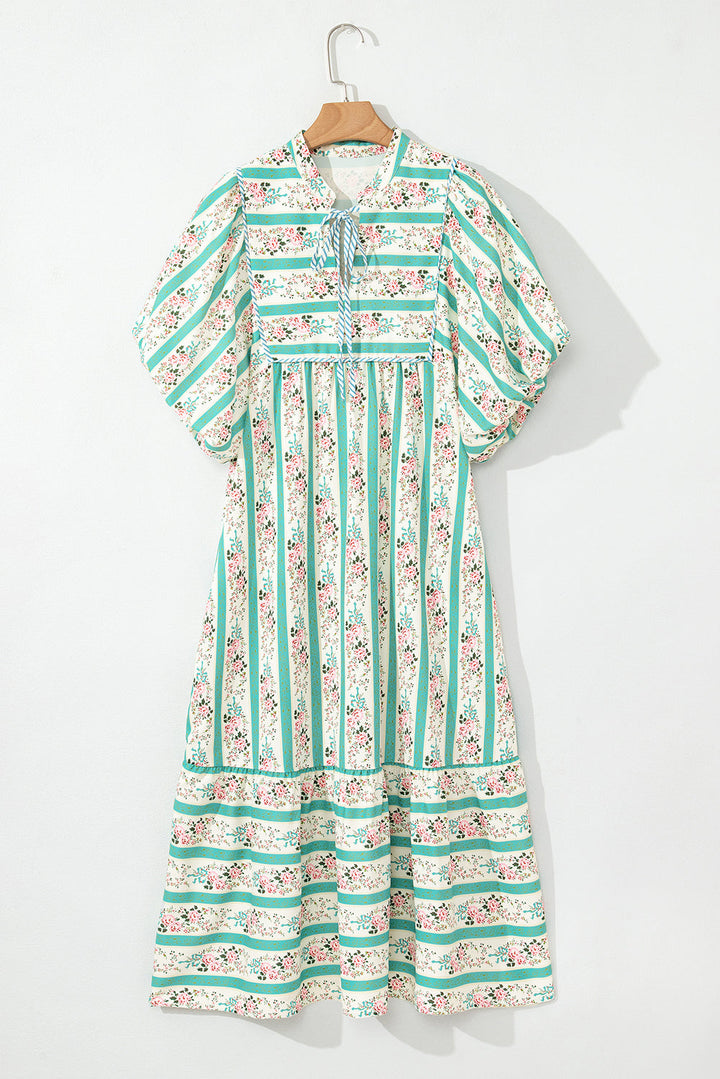 striped floral print tie split neck puff sleeve midi dress