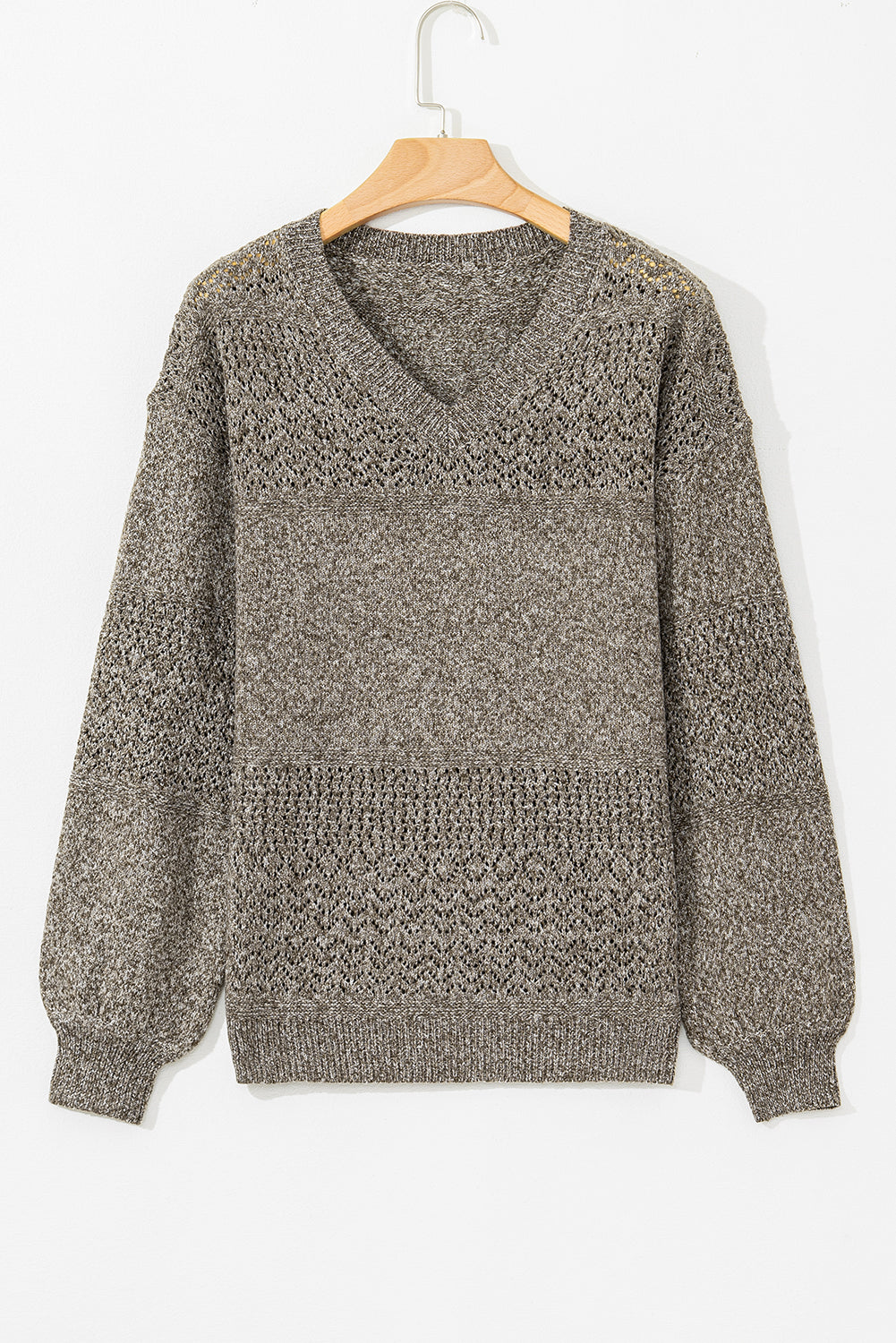 eyelet pattern detail v neck drop shoulder sweater 1