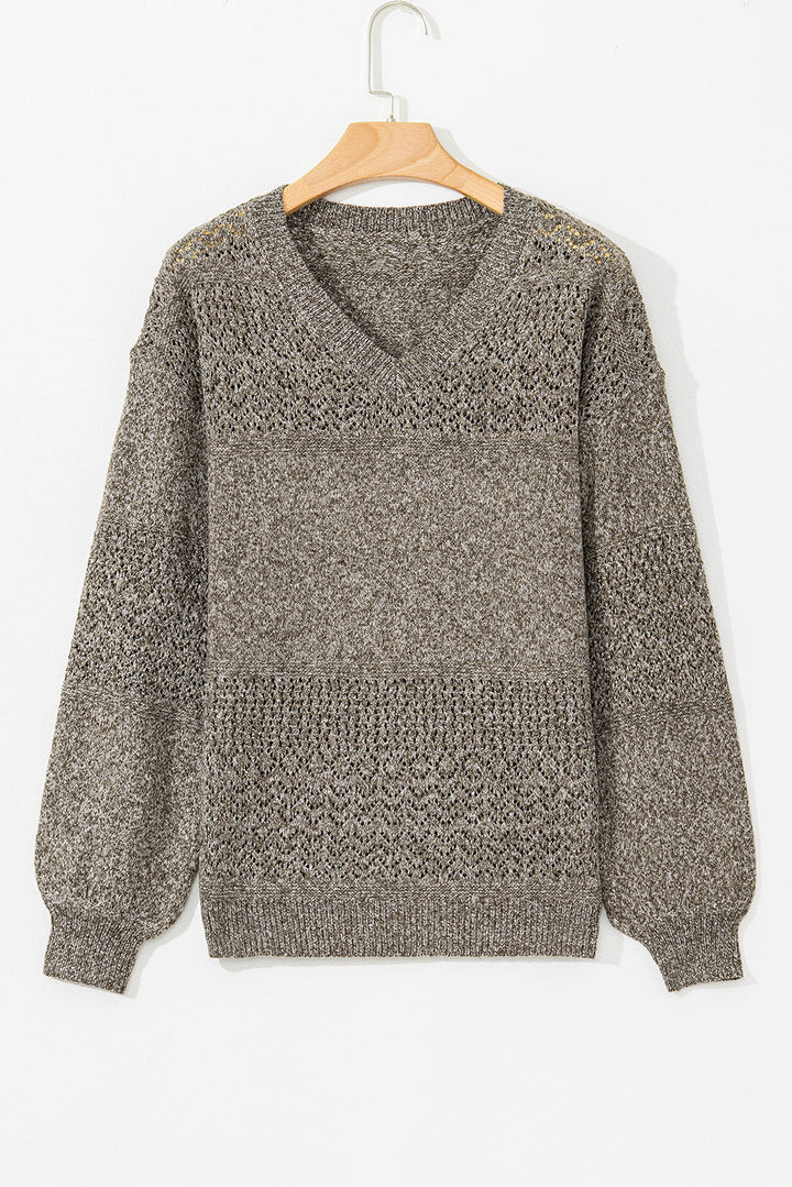 eyelet pattern detail v neck drop shoulder sweater 1