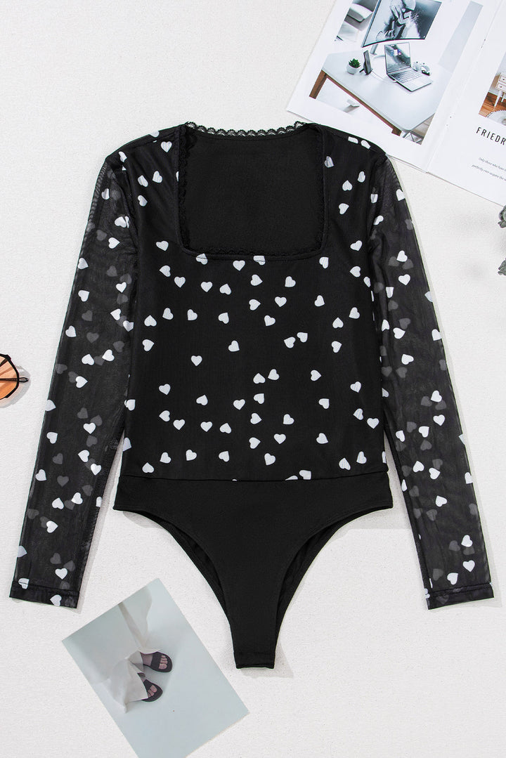 Heart Shape Mesh Patchwork Square Neck Bodysuit
