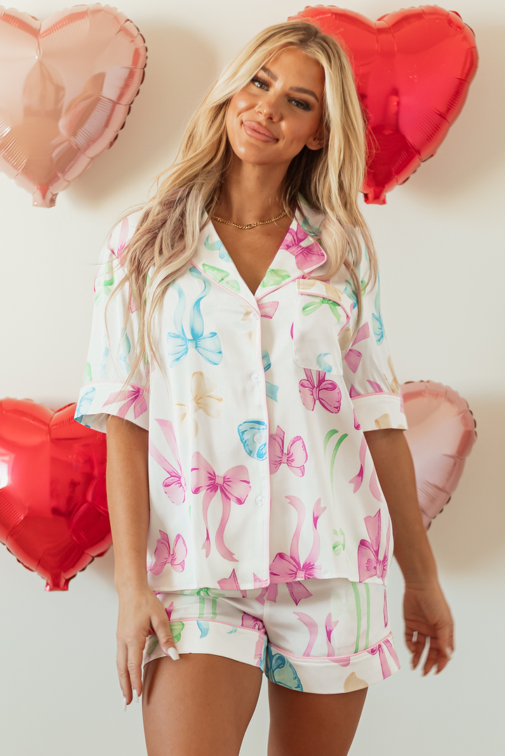 bowknot print buttoned shirt high waist shorts pajama set