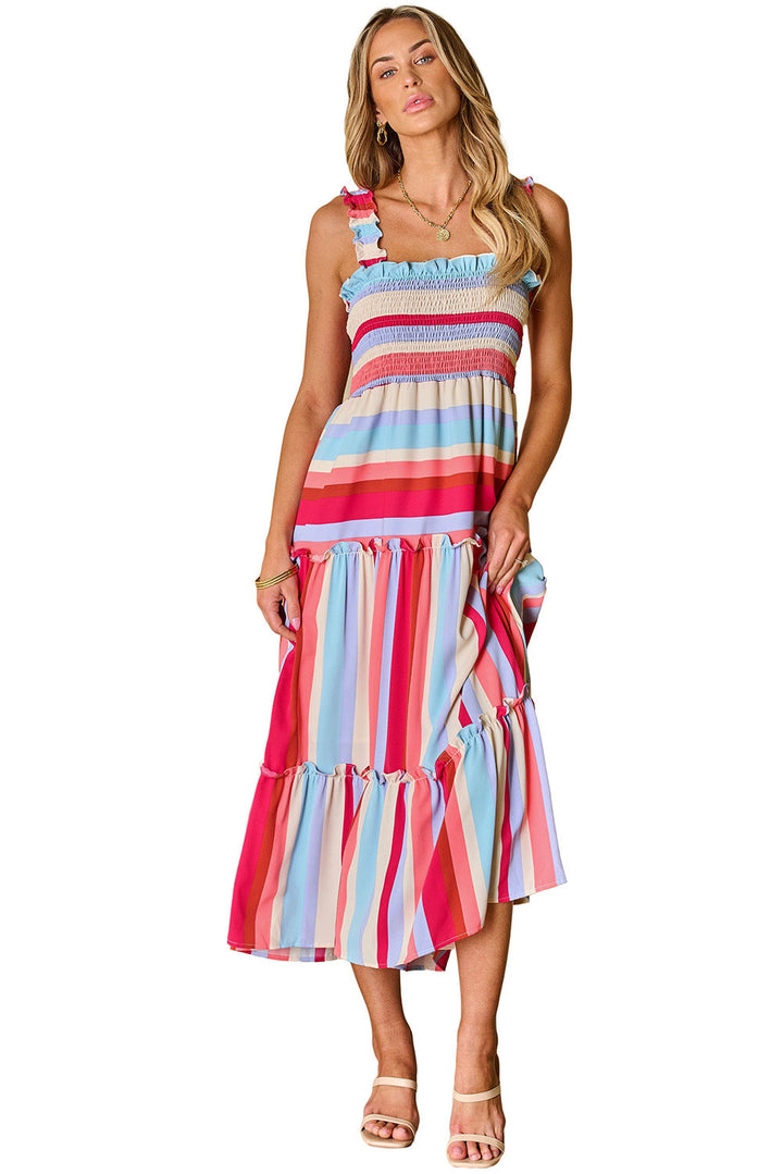 Ruffled Straps Smocked Tiered Long Dress