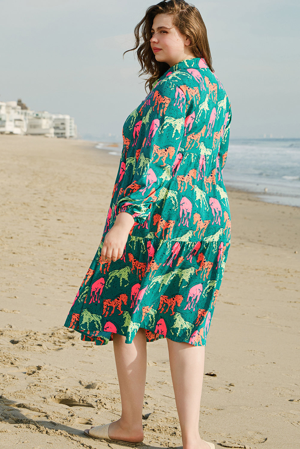 Horse Printed Long Sleeve Collared Buttoned Plus Size Midi Dress