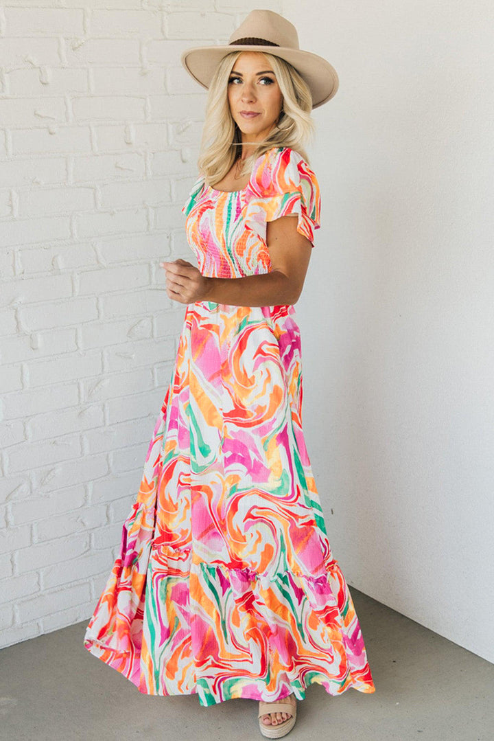 Abstract Print Ruffled Sleeve Smocked Bust Maxi Dress