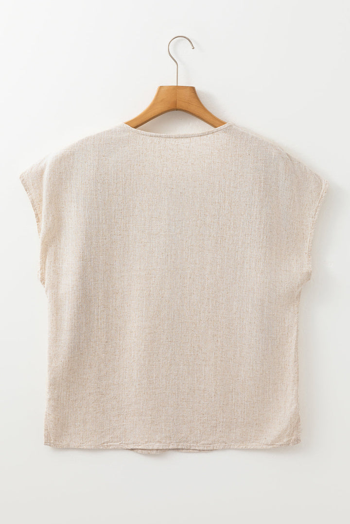 Geometric Embroidered Short Sleeve Tassel Tied V Neck Blouse