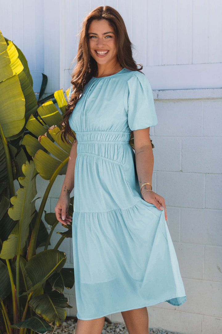 Puff Sleeve Pleated High Waist Flowy Midi Dress