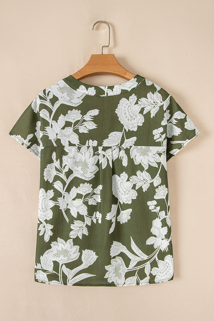 Floral Print Split Neck Short Sleeve Blouse