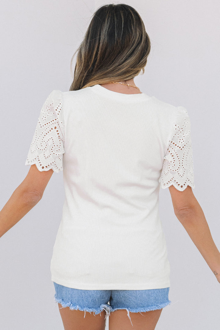 Eyelet Pattern Short Sleeve Patchwork Ribbed Top
