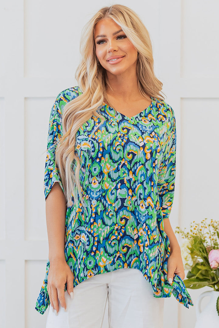Abstract Print V Neck Half Sleeve Loose Fit Tunic Blouse