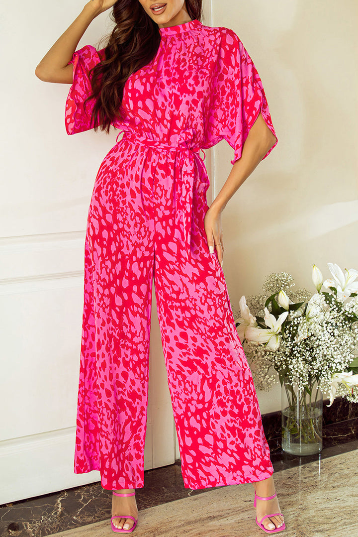 Leopard Loose Sleeve Belted Wide Leg Jumpsuit