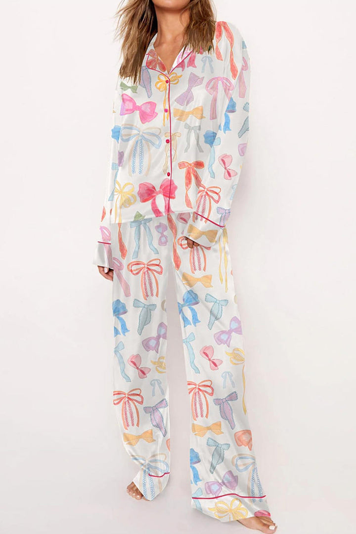 bow knot print lapel collar wide leg satin pajama set