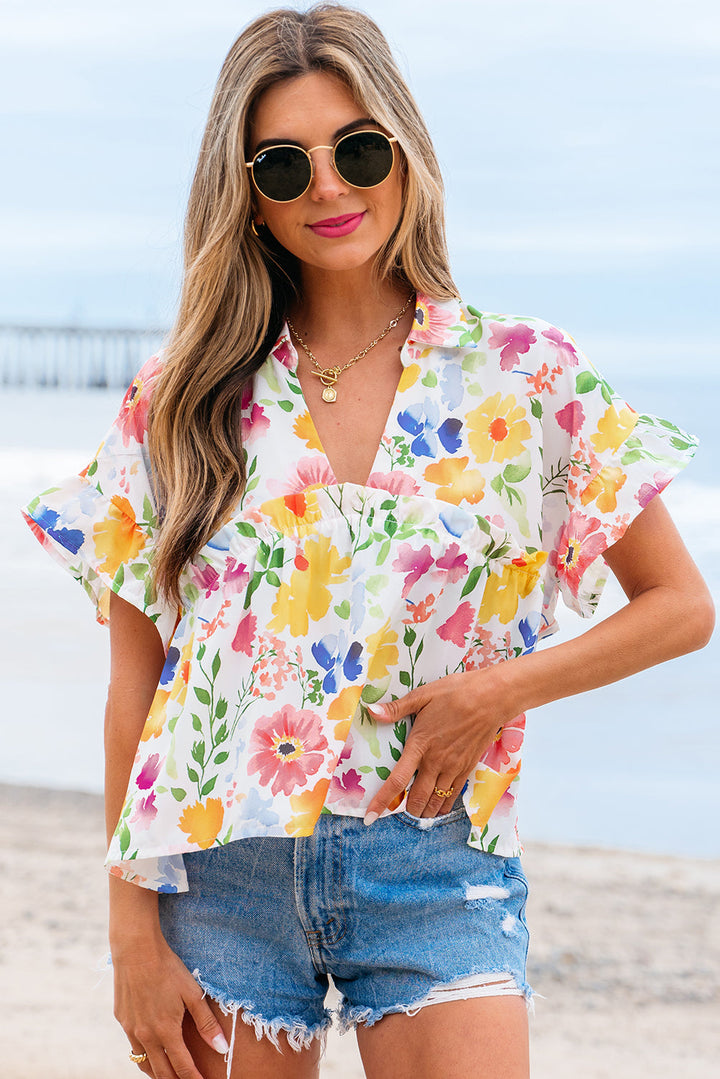 floral boxy fit ruffled short sleeve v neck blouse