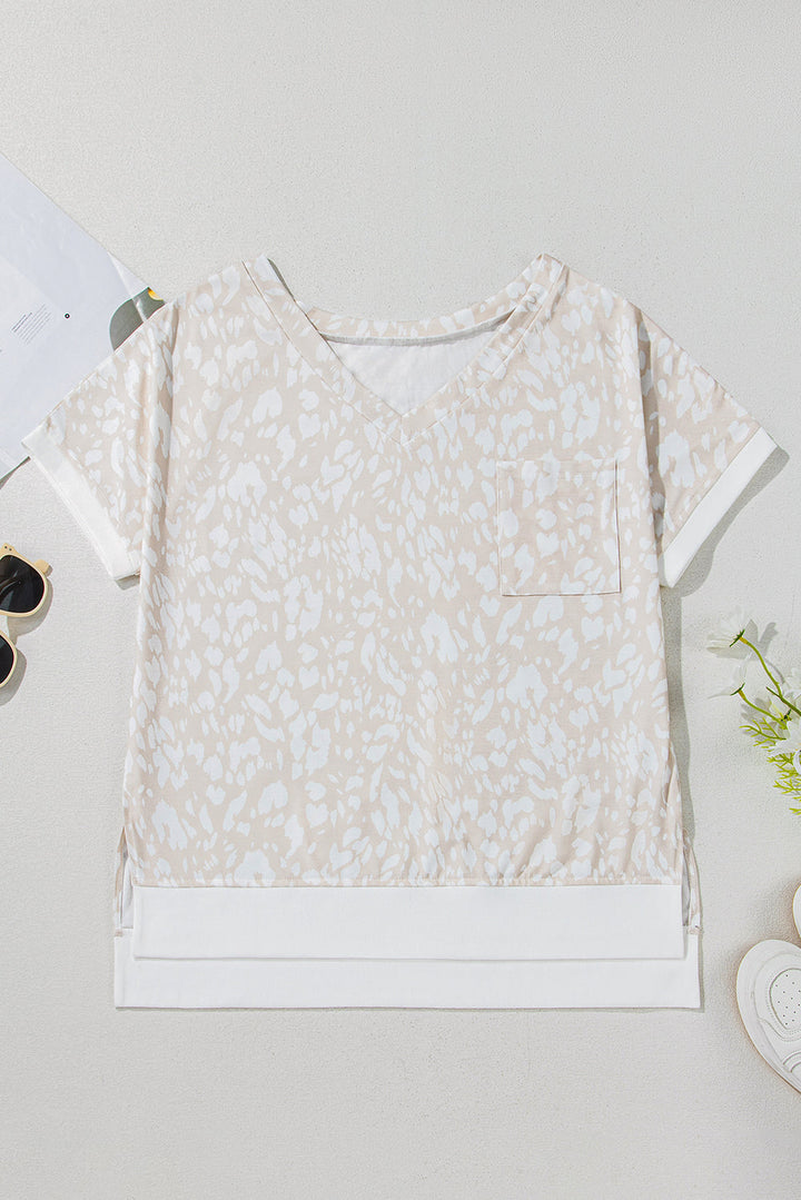 leopard print v neck side slit loose fit t shirt