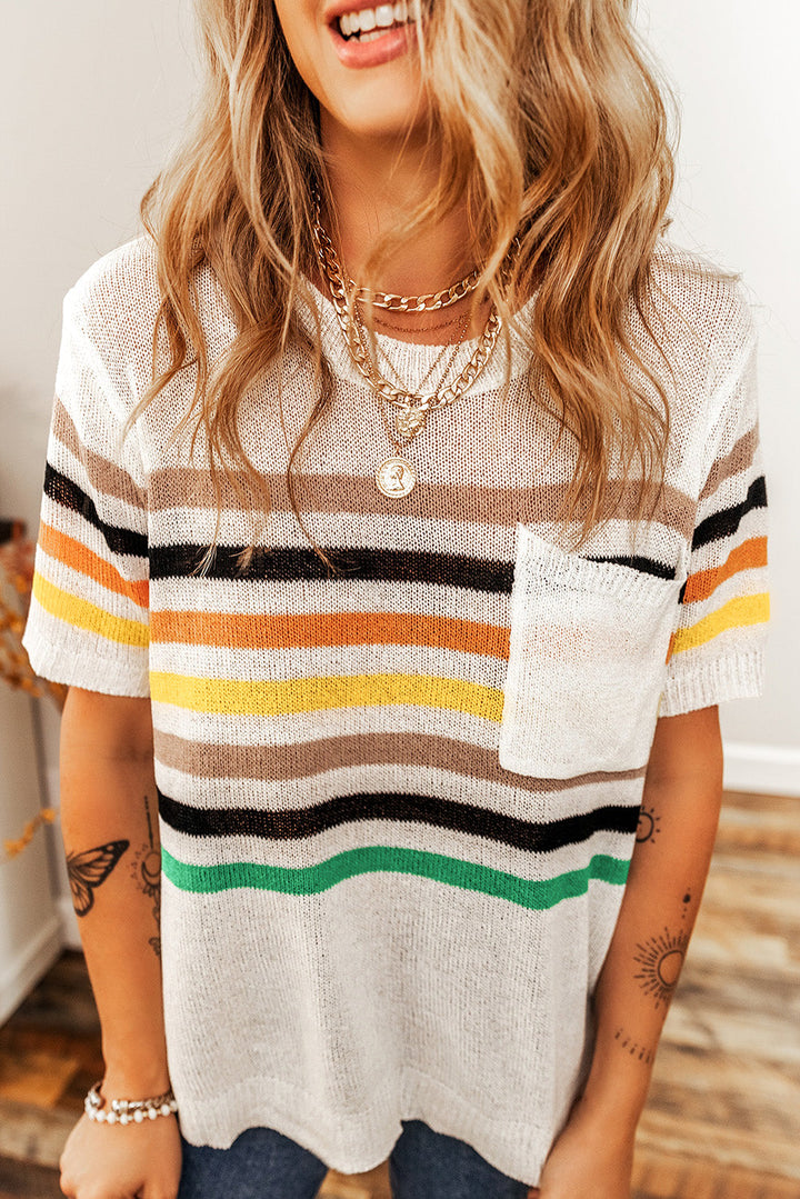 Striped Pocketed Loose Fit Crewneck Knitted T Shirt