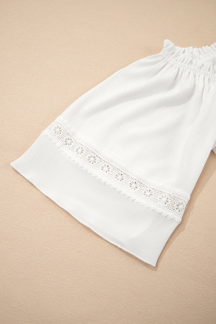 frilly off shoulder lace insert sleeve textured blouse