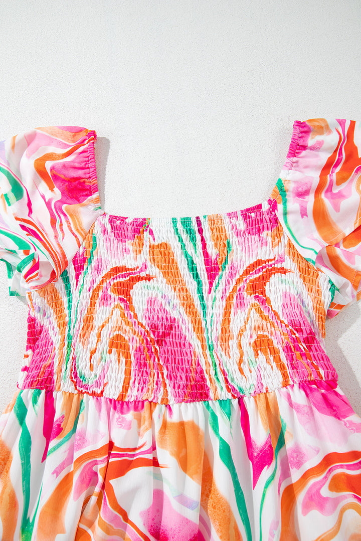 Abstract Print Ruffled Sleeve Smocked Bust Maxi Dress