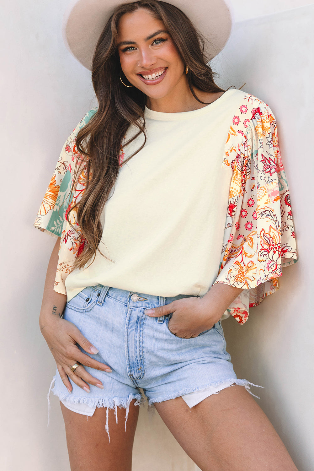 Floral Patchwork Half Batwing Sleeve Blouse