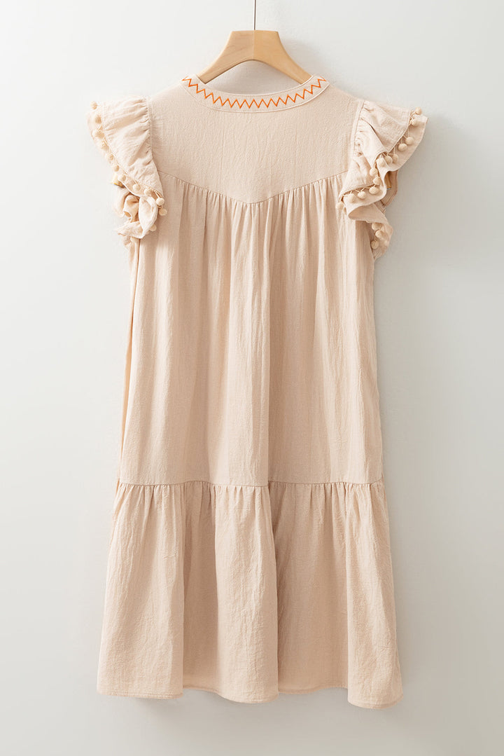 linen embroidery split neck pom pom ruffle sleeves flowy short dress